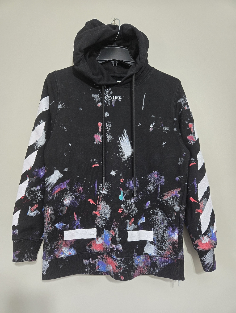 Off-White Virgil Abloh Paint Splatter Galaxy Hoodie Black Pullover Size S Unisex